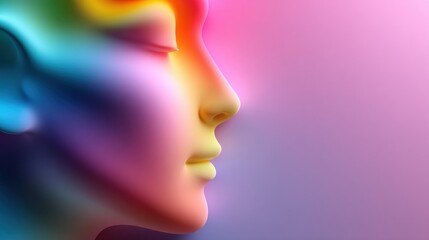 A vibrant, abstract human face profile with smooth gradient colors blending from blue to yellow and pink on a soft purple background.