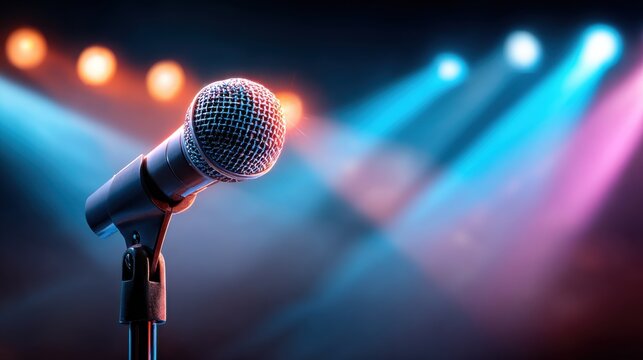 Close-up of a microphone on a stand with colorful stage lights blurred in the background, evoking a live performance or public speaking setting.