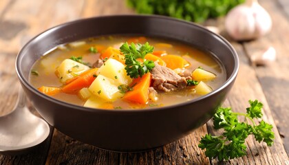 Hearty Beef and Vegetable Soup in Rustic Setting