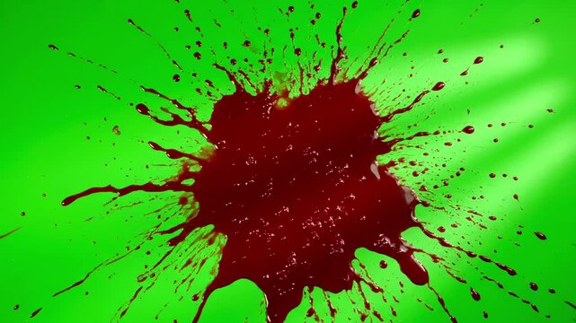 Green Screen blood splatter on a scene 1 with distortion, overlay, glitch, static noise, scan lines black background, 4k animated video loop