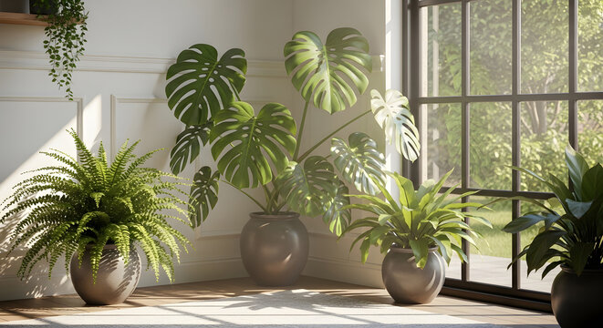 Lush indoor plants thrive in abundant natural light, creating a serene green oasis within a modern home interior, bathed in bright sunshine from a large window