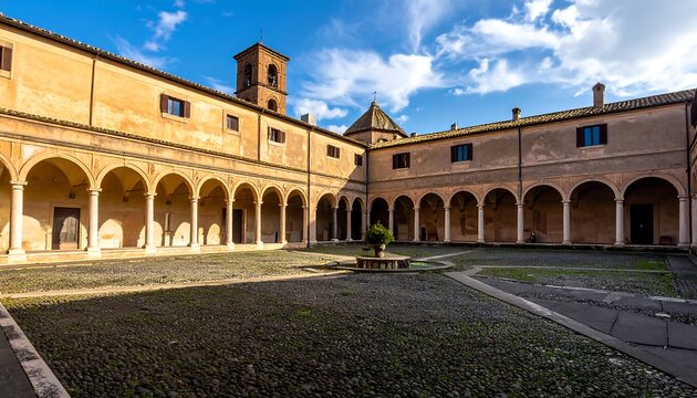 Arched courtyard with cobbled ground, sunlight, and architectural details