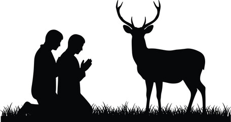Silhouette, humans kneeling, praying to deer, nature worship, spiritual wildlife moment, antlers, outdoor scene, reverence, peaceful, black and white, grass