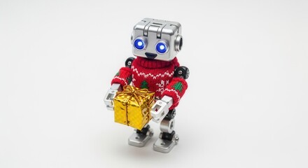 Small robot in Christmas sweater holding tiny gift box with golden wrapping on white background