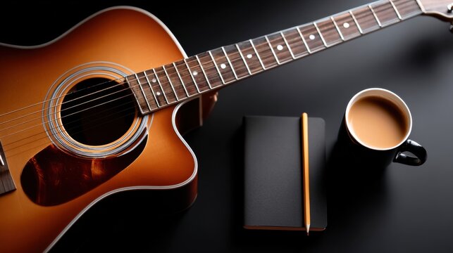 A close-up of an acoustic guitar, a black notebook with a pencil, and a cup of coffee on a black surface.