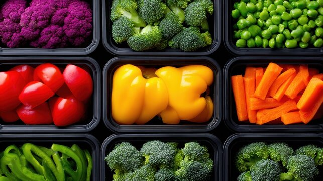 Colorful fresh vegetables including purple cauliflower, broccoli, peas, cherry tomatoes, yellow bell peppers, carrots, and green peppers neatly organized in black containers.