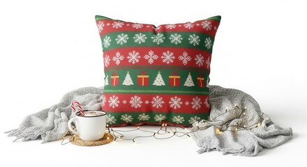 Christmas-themed knitted pillow with snowflakes and trees pattern, accompanied by a cozy blanket and hot cocoa on white background