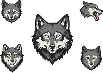 Wolf head illustration, stylized design, symmetrical animal face, piercing eyes, aggressive expression, character art, gray fur, branding, graphic, emotion