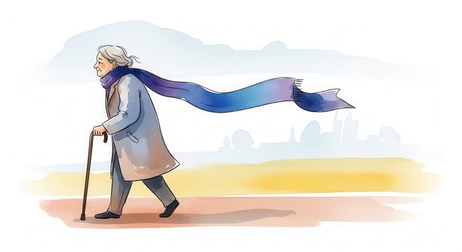 Elderly person walking with a cane and wearing a colorful scarf in a serene landscape