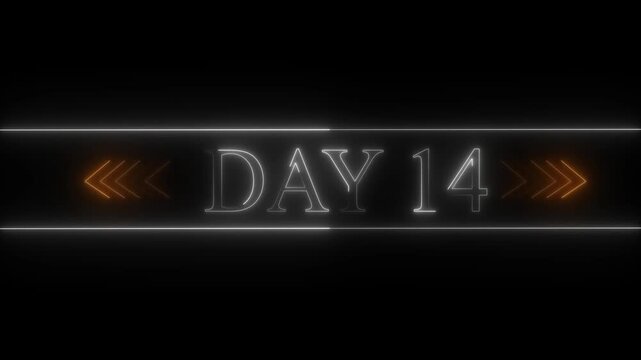 Neon Glow Day 14 Text Overlay with Orange Chevron Arrows on Black Background fourteen number