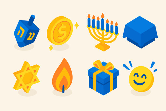Hanukkah Icon Set. Family Dreidel Tradition modern flat icon set: dreidel top, shining gelt, menorah candles, blue tablecloth, star symbol, flame, gift, festive joy.
