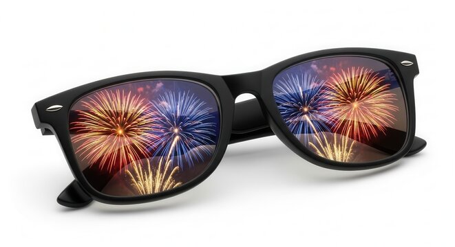 Sunglasses with reflections of colorful fireworks in the lenses on white background
