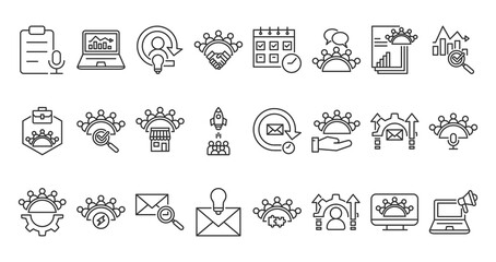 Icon Pack of Meeting in Creative Outline Vector Style for Business Team Collaboration Communication Brainstorming Discussion Office Work Strategy Planning Presentation Corporate Management Leadership