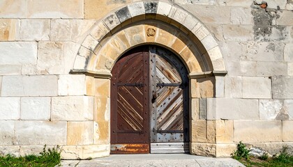 Arched doorway with weathered wooden door and stone archway