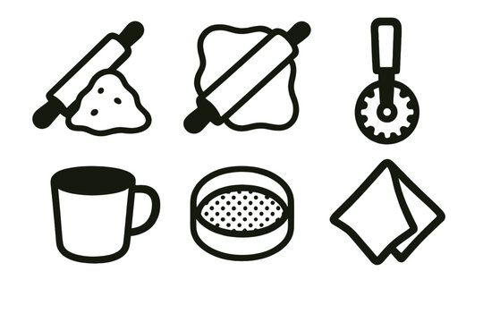 Bold Baking Icons. Baking Setup Scene bold vector icon set: pin with flour, dough sheet, cutter, cup, sieve, cloth napkin.