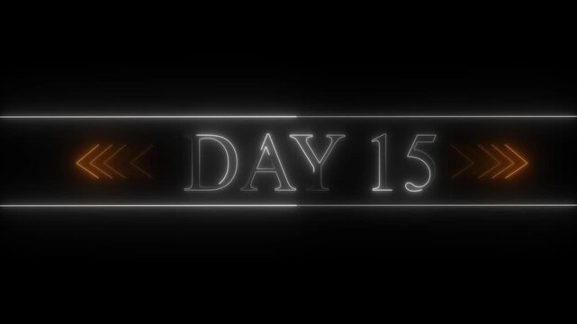 Neon sign displaying DAY 15 with orange chevron arrows on a black background day 15 number