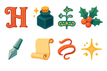 Festive Typography Icons. Holiday Typography modern flat icon set: ornate letters, sparkling ink, scroll paper, holly sprig, metallic nib, festive border, ribbon swirl, glowing