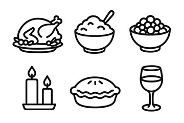 Festive Feast Icons. Holiday Feast outline icon set: roast turkey, mashed potatoes, cranberry sauce, candles, pie, wine glass.