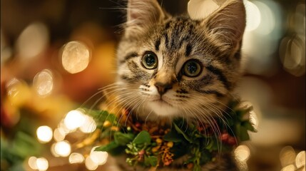 Fototapeta premium Kitten with Christmas wreath collar. Golden holiday bokeh lights background