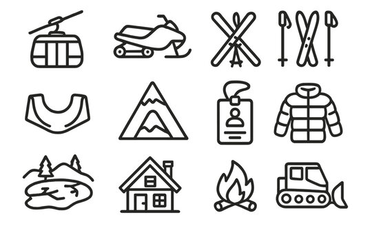 Alpine Adventure Icons. Modern alpine adventure set outline icon set: cable car, snowmobile, ski poles and skis crossed, snowboarding halfpipe, altitude marker, ski pass ticket,