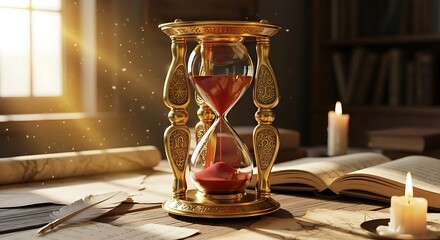 A radiant golden hourglass with crimson sand flows steadily amidst ancient scrolls and flickering candlelight, a profound symbol of passing moments and wisdom's enduring quest