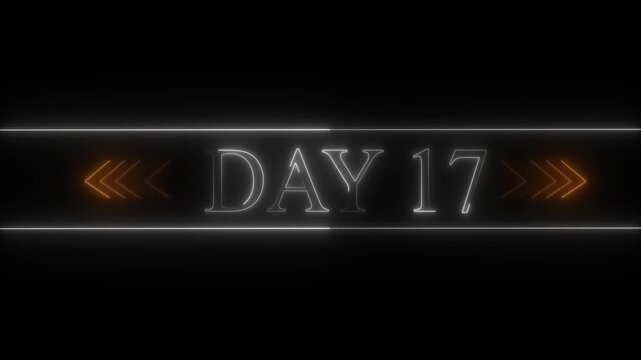 Neon sign displaying DAY 17 with orange chevron arrows on a black background day 17 number