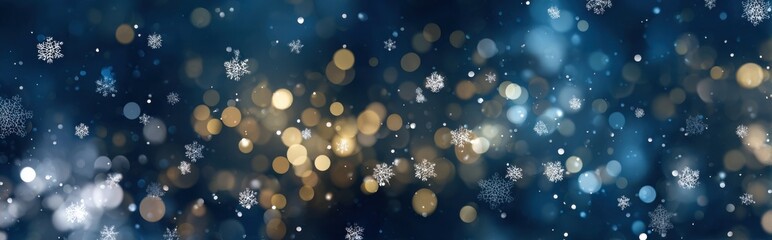 Deep navy winter background with white snowflakes, golden and blue bokeh lights, and soft glowing orbs. Festive, cozy tones blend for holiday, seasonal, or elegant design backdrops.
