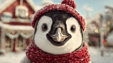 Baby penguin in red winter scarf and Santa hat. Snowy Christmas village background