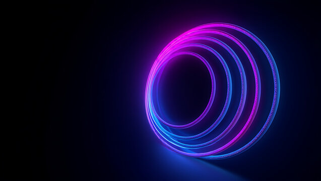 Abstract glowing neon rings in vibrant pink and blue hues create a mesmerizing circular tunnel effect against a dark background perfect for futuristic or technological themes
