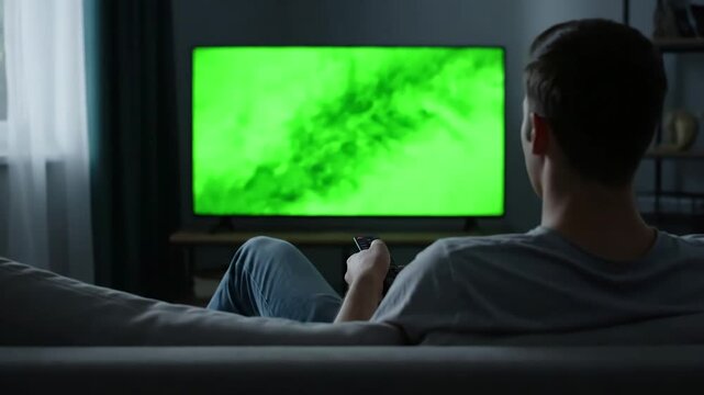 Green Screen man watching television in living room evening young guy sitting on sofa against tv with chroma back view male person switching channels using remote controller scene 1 distortion