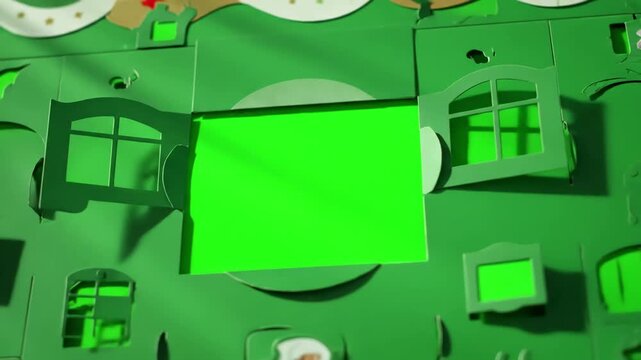 Green Screen christmas advent calendar window reveals to 24 illustrated windows animate open chroma scene 1 with distortion, overlay, glitch, static noise, scan lines on black background, 4k animated