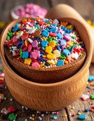 Vibrant Macro of Colorful Sugar Sprinkles and Candies in wood bowl