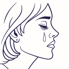 A woman in profile is crying with a tear rolling down her cheek