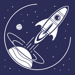 Illustration of a rocket flying around a planet in space