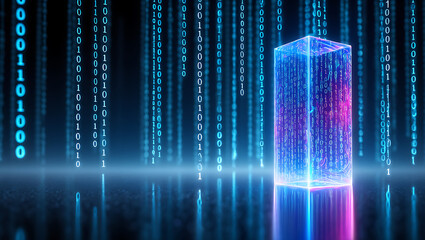 A glowing translucent rectangular prism stands in the center of a dark digital landscape with falling binary code streams creating an abstract futuristic technological environment