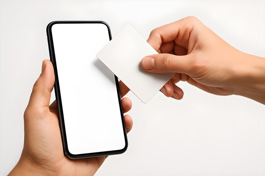 Hand making a contactless payment with a credit card on a smartphone with a blank screen mockup, isolated on white background