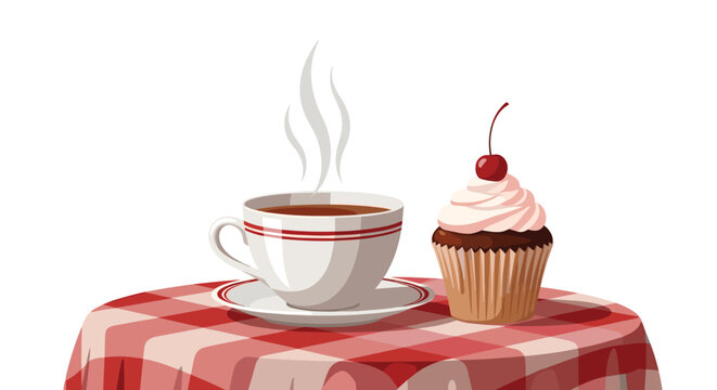 A comforting scene featuring a steaming cup of coffee alongside a delicious cupcake crowned with a red cherry, resting on a checkered table. - Powered by Adobe