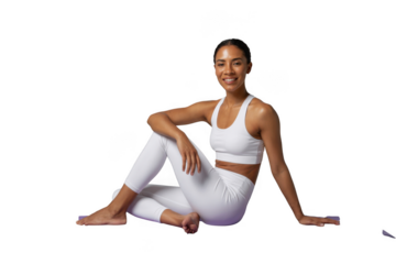 Woman in white yoga outfit sitting on the floor isolated on transparent background