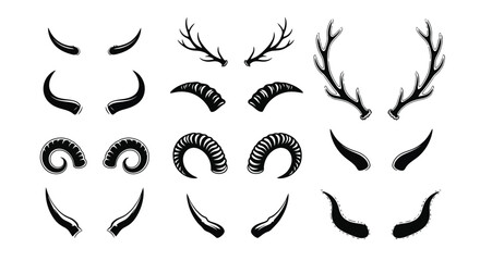 Antler horns vector set illustration, deer, ram, devil horns collection