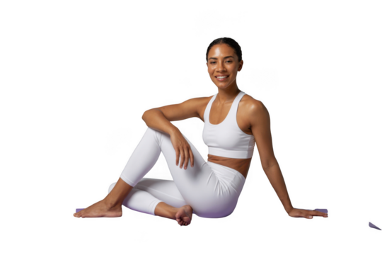 Woman in white yoga outfit sitting on the floor isolated on transparent background