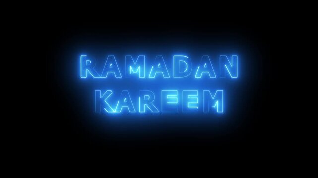 Neon Ramadan Kareem with hanging candle lanterns, moon and text. Animated illustration on purple islamic background good for ramadan kareem. eid al fitr background and eid al-adha template background