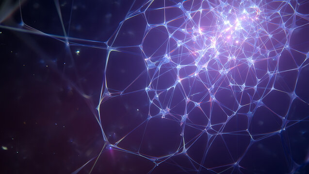 Abstract glowing network of interconnected lines and nodes with a bright purple light source in a dark cosmic background representing data connections and digital communication - Powered by Adobe