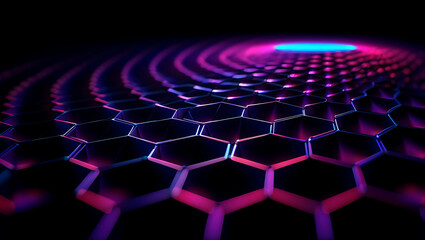 Abstract digital illustration of a dark hexagonal grid with vibrant neon pink and blue light effects creating a futuristic and technological feel