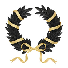 Elegant black laurel wreath with golden ribbons and bow on a black background