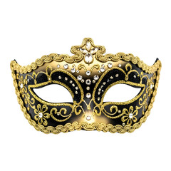 Ornate black and gold venetian masquerade mask adorned with jewels and intricate filigree