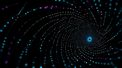 Abstract swirling vortex of glowing digital particles and light trails creating a futuristic tunnel effect with a dark background and vibrant blue and green highlights