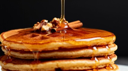 ultra slow motion extreme close up thick maple syrup flowing coating autumn pancakes waffles clean dark background perfect for thanksgiving autumn or harvest season content - Powered by Adobe