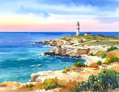 Watercolor depiction of a coastal landscape featuring a lighthouse