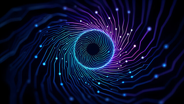 Abstract digital vortex of glowing blue and purple light trails and data points creating a futuristic technological eye or portal on a dark background - Powered by Adobe