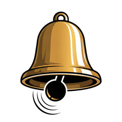 A gleaming golden bell with a dark clapper hangs against a stark black background